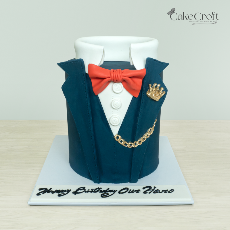 Elegant Suit Themed Birthday Cake with Red Bow Tie and Golden Crown Pin