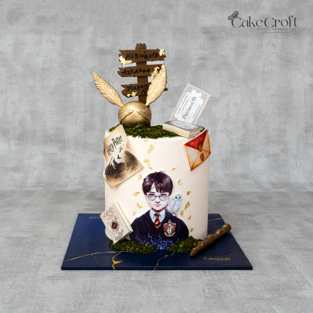 Harry Potter-themed birthday cake with Golden Snitch, Hogwarts signpost, spell books, letters, and Harry Potter portrait.