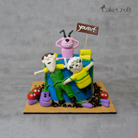 Courage the Cowardly Dog themed fondant birthday cake featuring Courage, Muriel, and Eustace characters with vegetables and garden details by CakeCroft Dhaka.