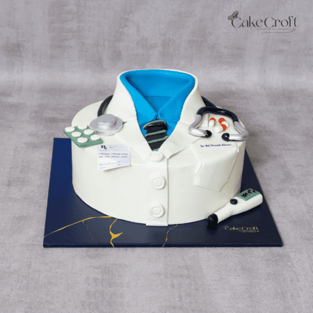 Male doctor white coat theme fondant cake with stethoscope and tie in Dhaka