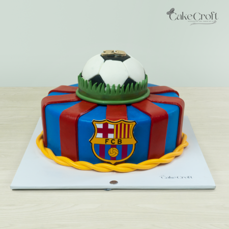 FC Barcelona football theme fondant cake with football topper
