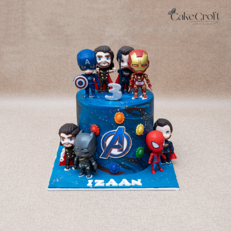 Avengers themed superhero birthday cake with Iron Man Captain America and name Izaan